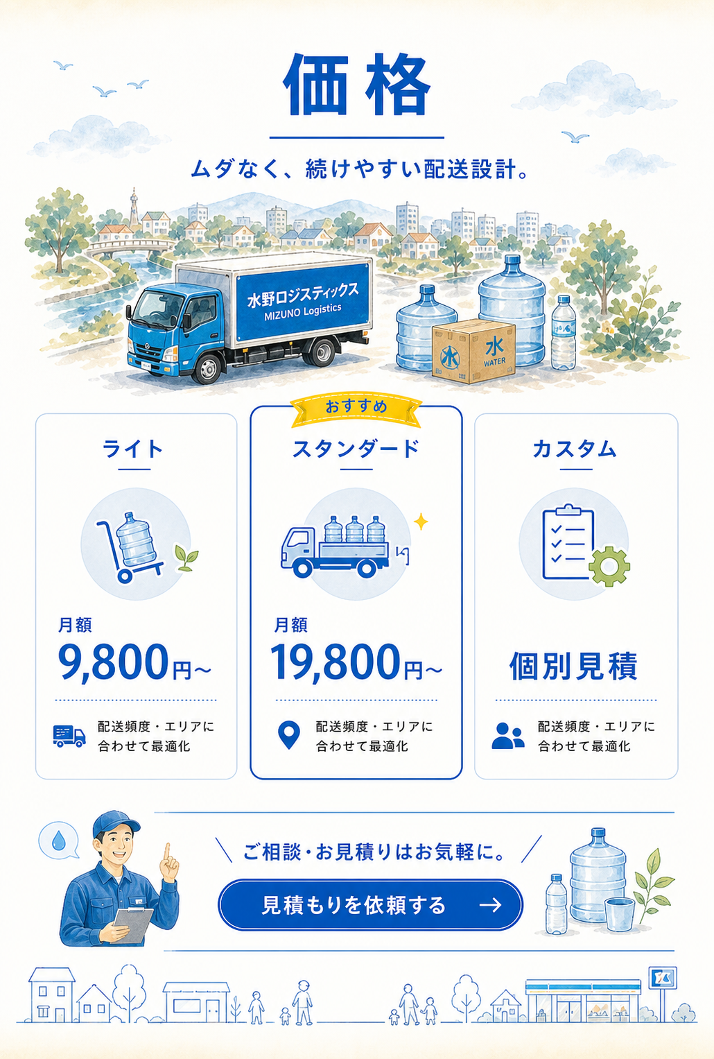 価格。ライト月額9800円から、スタンダード月額19800円から、カスタム個別見積。配送頻度とエリアに合わせて最適化します。